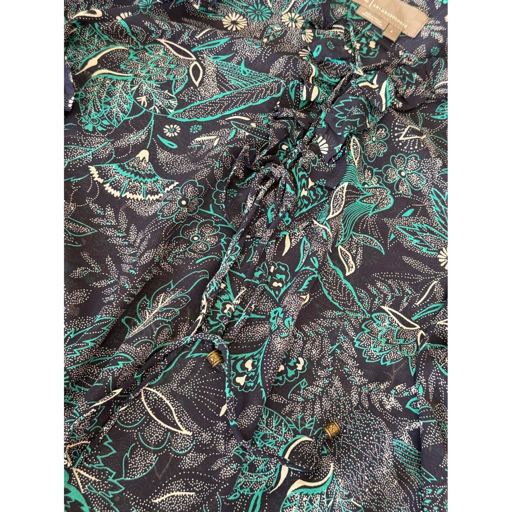 Anthropologie Navy Teal Floral Paisley Lace Up Ruffle Peasant Blouse Small - Picture 3 of 9